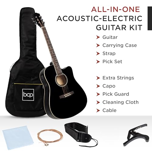 Best Choice Products SKY5495 Beginner Acoustic Electric Guitar Starter Set 41In W/All Wood Cutaway Design, Case, Strap, Picks - Black thumb #1