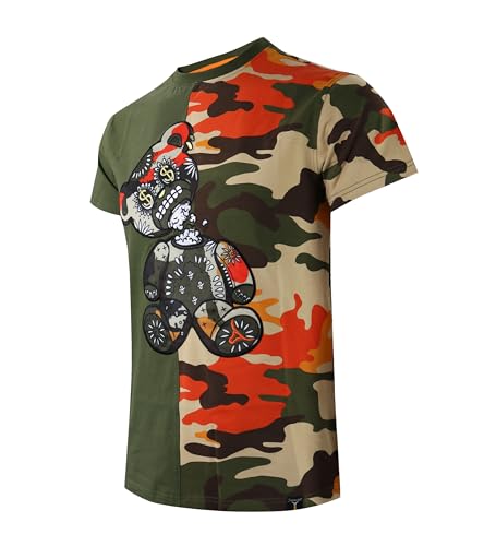 SCREENSHOT-S1166 Mens Streetwear Premium Designer Tee - Pattern Color Block Falling Head Cartoon Teddy Bear Patch Embroidery T-Shirt-Olive/Camo-Medium