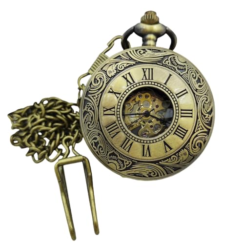 Bronze Tang grass carved mechanical hollow pocket watch, Roman numeral dial, automatic pocket watch with chain, suitable for both men and women, gifts for birthdays, holidays, and anniversaries