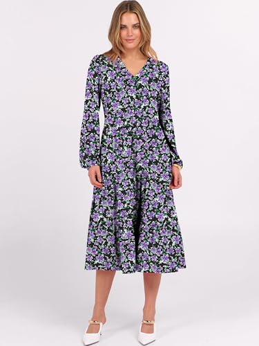 Image of ANRABESS Women's Long Lantern Sleeve Floral Midi Dresses 2026 Fall V Neck Casual Flowy A-line Tiered Boho Vacation Dress
