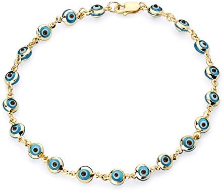 The World Jewelry Center 14k REAL Yellow Gold Sky Blue Evil Eye Bracelet - 7"