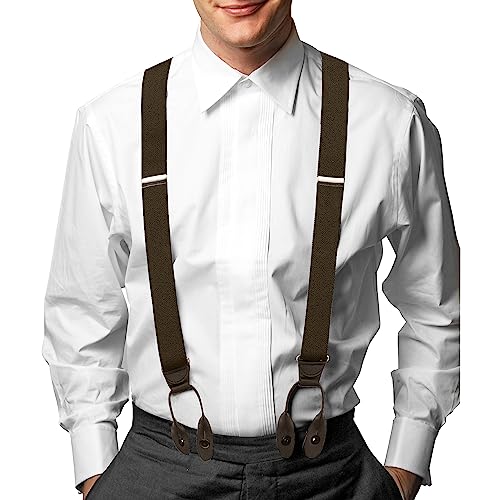 HOLD'EM Tuxedo Suspenders for Men Black Genuine Leather Button End 1.25 Inches Mens Braces Suspenders- Brown (Regular 46" Long)