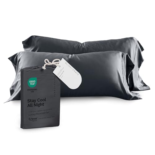 Olive + Crate Eucalyptus Cooling Pillowcases Queen Size | Certified Tencel Lyocell Fiber | Cool Vegan Silk Static Free for Skin and Hair | Softer Than Cotton and Linen | Charcoal