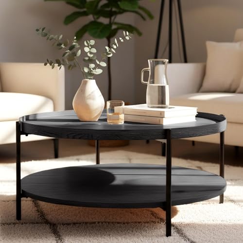 CLP Table Basse Ronde en Bois Corbitan, Table de Salon à 2 Niveaux avec Rangement, Petite Table d'appoint à Structure métallique Noire, Couleur:Gris,...
