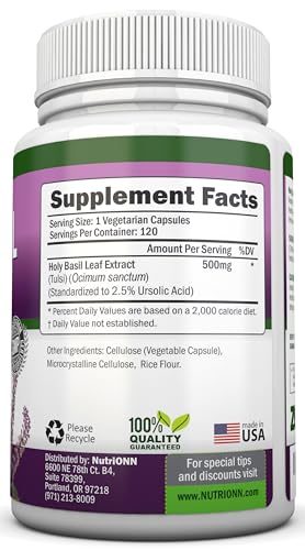NutriONN Holy Basil Leaf Capsules - 500mg - 2.5% Ursolic Acid - 120 Vegan Capsules - Real Tulsi Extract Supplement - Positive Mindset - Adaptogenic & Ayurvedic Herb - Thumbnail 2