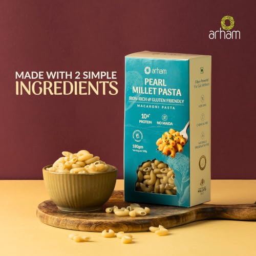Image of Arham Organic Pearl Millet Pasta 180g | Healthy No Maida Pasta | High Fiber & Protein | Non-GMO | No Preservatives | Chemical-Free | Easy & Quick to Cook