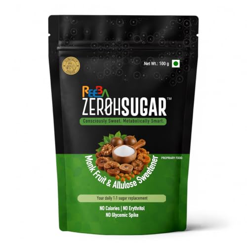 Zeroh Sugar Monk Fruit & Allulose Sweetener | 1:1 Sugar Replacement | No Erythritol | No Stevia | Clinically Evaluated for Glycemic Response | Zero Calorie Sweetener | Natural Sugar Substitute for Tea, Coffee, Baking, Desserts & Mithai | 100 g