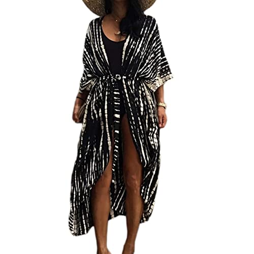 Long Beach sukienka dla kobiet, luźna letnia sukienka plażowy, styl boho, kimono, długi, kardigan, odzież plażowa, z przodu, z otwartymi kwiatami, bluzka bikini, rozmiar uniwersalny, czarny, jeden rozmiar