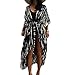 Produktbild Long Beach Kleid für Frauen, Damen Lose Sommer Pareos, Maxi Strandkleid Boho Kimono Lang Strand Cardigan Beachwear, Front Offen Blumen Bluse Bikini Cover-Up Einheitsgröße (Schwarz)