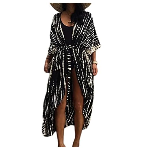 Long Beach Kleid für Frauen, Damen Lose Sommer Pareos, Maxi Strandkleid Boho Kimono Lang Strand Cardigan Beachwear, Front Offen Blumen Bluse Bikini Cover-Up Einheitsgröße (Schwarz)