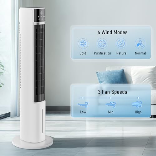 3-in-1 Evaporative Air Cooler, 40" Cooling Fan, 75° Oscillation, 3 Speeds 4 Modes, 12H Timer, Remote Control, 2 Ice Packs, 4L Water Tank, Portable Bladeless Fan with Humidifier, Be image 1