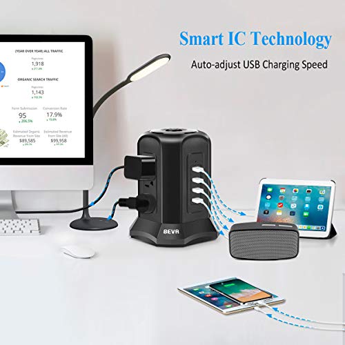 Power Strip Tower Surge Protector Beva 10Ft Flat Plug Desktop Charging Station 9 Ac Outlets 4 Usb Ports, 900 Joules, Long Extension Cord For Home Office Appliances Smartphones Computer Tablets(Black) #TOP7