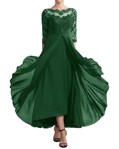 Image of GDJDIFK Lace Applique Chiffon Mother of The Bride Dresses - 3 /4 Sleeves Tea Length Ruched Waist Formal Gown for Wedding Guest Mauve