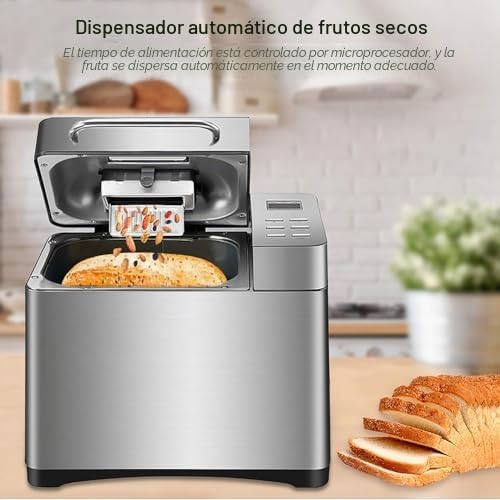 Máquina para hacer pan con dispensador de frutos secos – 17 menús preestablecidos y temporizador de 15 horas para trigo integral, pan francés, mermelada, yogur, pastel y arroz pegajoso