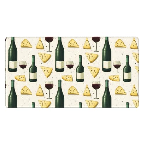 Tapis de souris de jeu grand format avec base en caoutchouc imprimé vin et fromage pour bureau