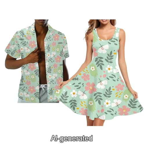 Image of Dreaweet Summer Dresses for Women A-Line Sleeveless Flowy Sun Dresses,Men's Casual Button-Down Shirts,Couple Matching Outfits