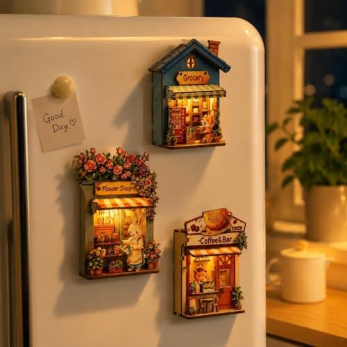 DIY Mini Wooden House Refrigerator Magnets, 3D Book Nook Craft Kit with LED Light, Magnetic Back Miniature Scene Decor, Handmade Tiny Room Ornament for Fridge, Desk, Office (Coffee Bar) — view 2