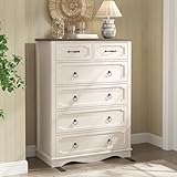 Maupvit 6 Drawer Dresser, 43' Tall Chest of Drawers for Bedroom, Farmhouse Dresser with Large Drawers & Metal Ring Pull Handles, Wood Dressers for Living Room, Hallway, Entryway, Antique White