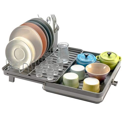 U2PICK Dish Drainer Expandable Stainless Steel Countertop Dish Rack, Anti-slip Cutlery Cup Plate Holder Drying Rack, Adjustable Large Capacity Kitchen Storage Organiser, Grey