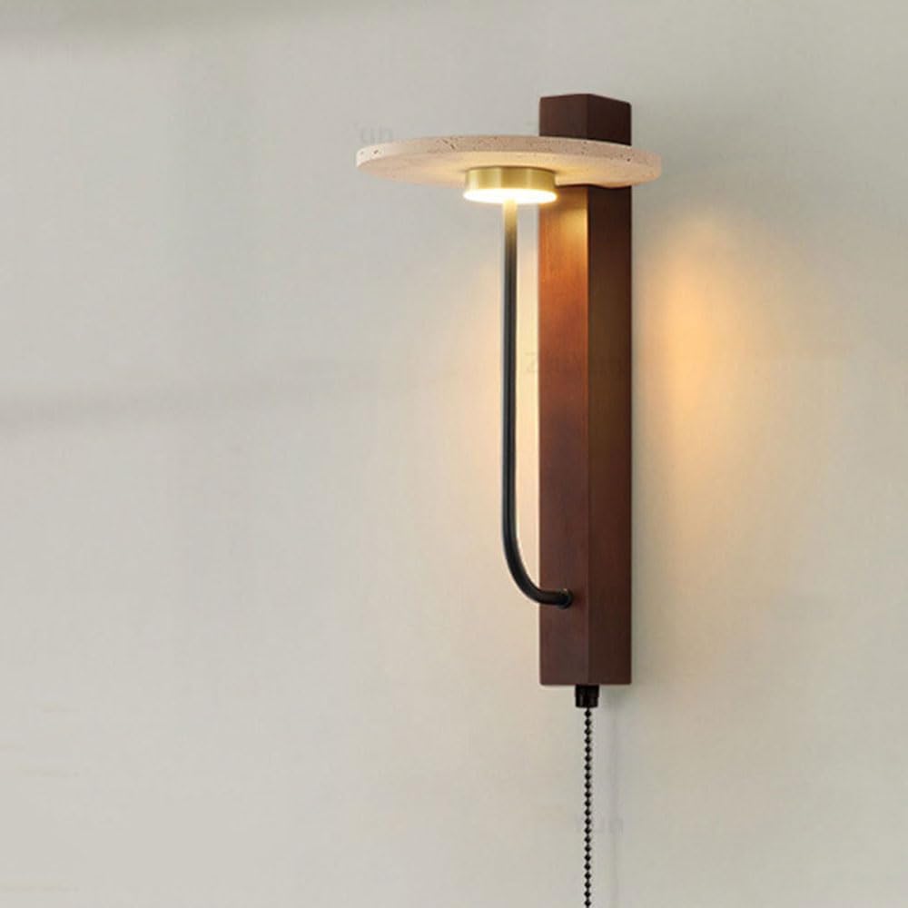 Modern Yellow Travertine Wall Sconce Light with Pull Chain Japanese LED Wall Mount Lamp for Bedroom 7W Corridor Walnut Interior Wall Lights Fixtures Wabi Sabi Wall Lamp for Living Room