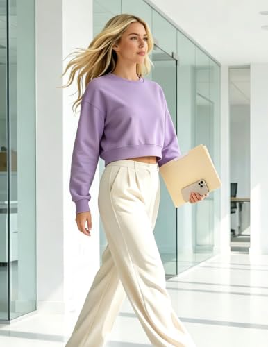 MAPICK Women's Cropped Sweatshirt Long Sleeve Crewneck Pullover for Workout Casual Wear Light Purple Small — view 4