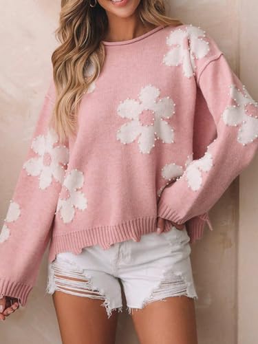 Image of Women's Cute Heart Sweater Love Print Valentine Romantic Knitted Top Casual Crewneck Long Sleeve Sweaters Pullover