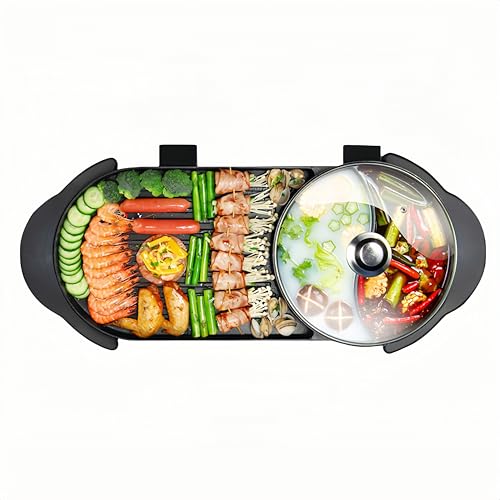 Hot Pot with Grill, 2000W Electric Smokeless Indoor Grill and Hot Pot, 2-in-1 Korean BBQ Grill and Shabu Shabu Pot with Separate Temperature Control, Hot Pot with Divider Non-Stick
