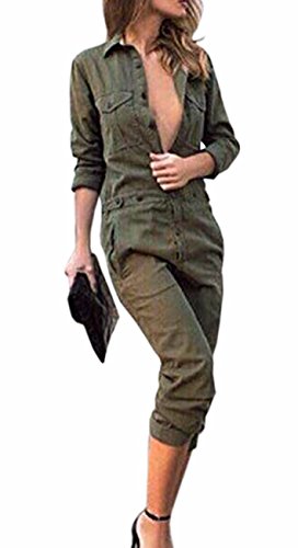 Sexyshine Women's Casual Lapel Long Sleeve Button Down Jumpsuit Romper Overalls(AG,S) Army Green