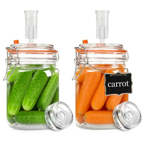 Rlssaki 2 Pièces Bocaux de Fermentation avec Valve et Poids, 750ml Kimchi Container avec Anneaux Métalliques, Poids de Fermentation en Verre Kimchi, pour Kimchi, Choucroute, Kombucha, Cornichons