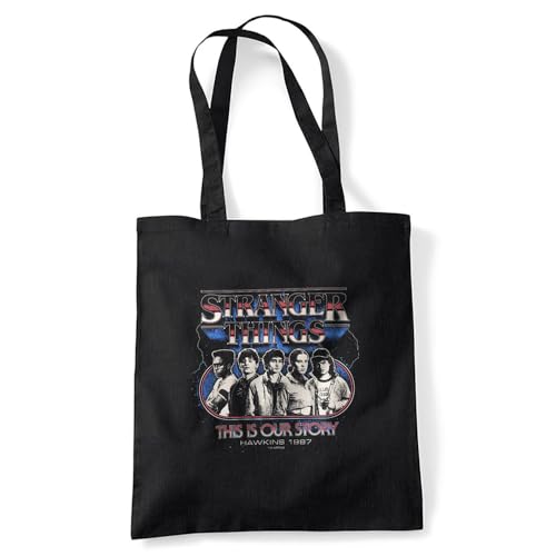 Stranger Things Retro Thunder Group Bolsa de viaje reutilizable para comestibles, Negra