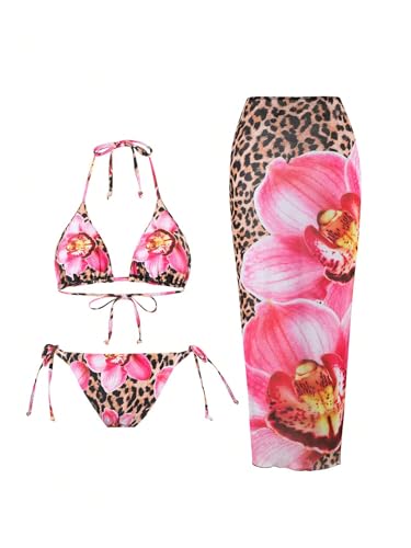 SHENHE Women's 3 Piece Cheetah Bikini Set Floral Triangle Halter String Swimsuits with Cove Up2
