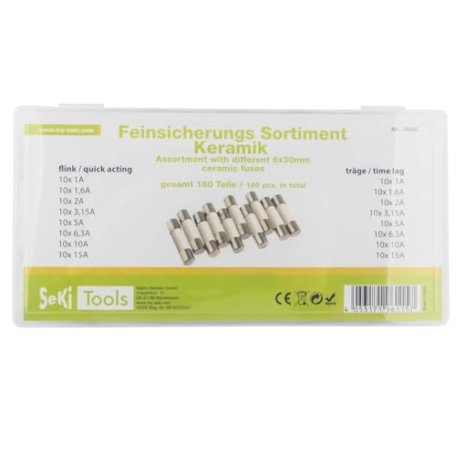 SeKi 160 Teile Feinsicherung Keramiksicherungen 6x30 Sortiment 160-teilig 16 Typen; 8 x Flink + 8 x Träge 1A, 1,6A, 2A, 3,15A, 5A, 6,3A, 10A und 15A Sicherung; Glasrohrsicherung; Keramik Sicherung