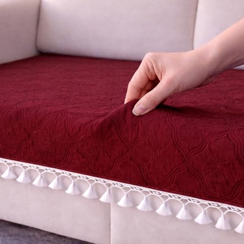 Image of Cortina Velvet Sofa Cover with Tassels | Sofa Couch Protector | Machine Washable Sofa Topper (Red, 3 Seater)