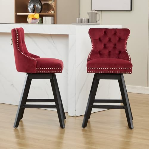 Butacos de terciopelo burdeos, giratorios, para isla de cocina | Altura del asiento: 26 pulgadas; respaldo acolchado; patas de madera maciza; remate con clavos decorativos; butacos modernos tapizados; fácil ensamblaje; juego de 2 miniatura 2