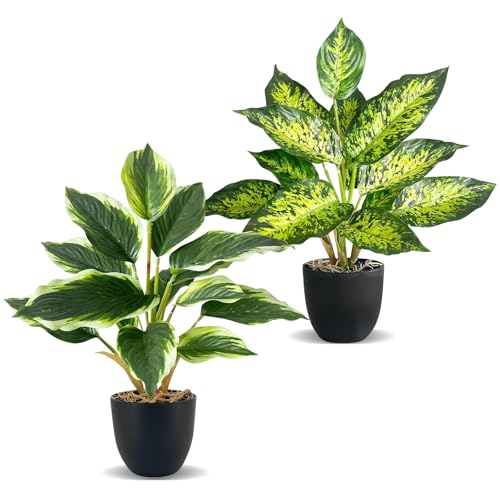 KüNstliche Pflanzen Wie Echt - 2 Stück Künstliche Pflanzen im Topf Zimmerpflanzen, 36cm Plastik Fake Pflanze für Badezimmer Büro Küche Badezimmer Dekoration, Monstera Künstlich & Areca Kunstpalme