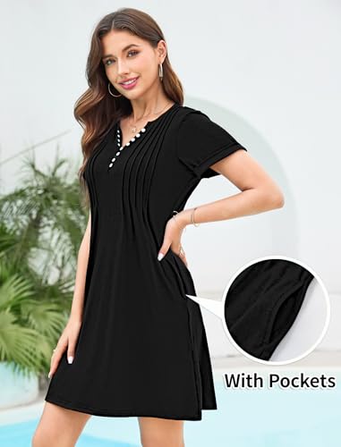 Image of Soesdemo Short Sleeve Dress for Women Bohemian V Neck Button Down Pleated Casual Flower Womens Dresses with Pockets