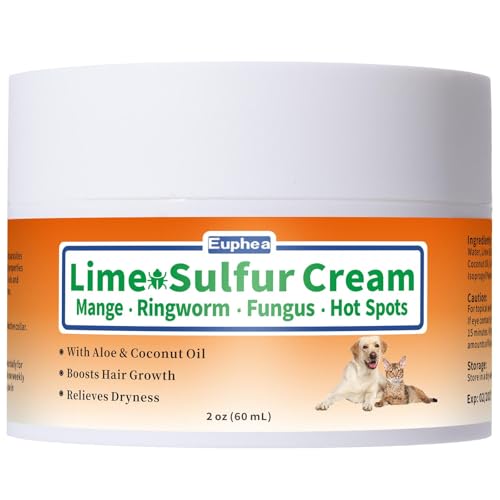 Euphea Lime Sulfur Cream Mange Treatment Dogs & Cats Ringworm Treatment for Cats Soothes Itchy Dry Inflamed Skin Promotes Hair Regrowth Low Odor No Rinse Needed 2oz