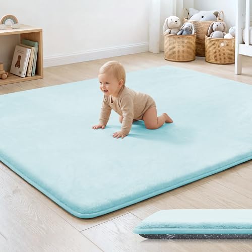 Image of 1.3 inch Thick Baby Floor Play Mat 50x50 Padded Foam Mat Kids, Ice Blue | Memory Mat for Baby to Play on Floor Waterproof Easy Care with Non-Slip Tummy Time Play Mat for Nursery Playroom Classroom