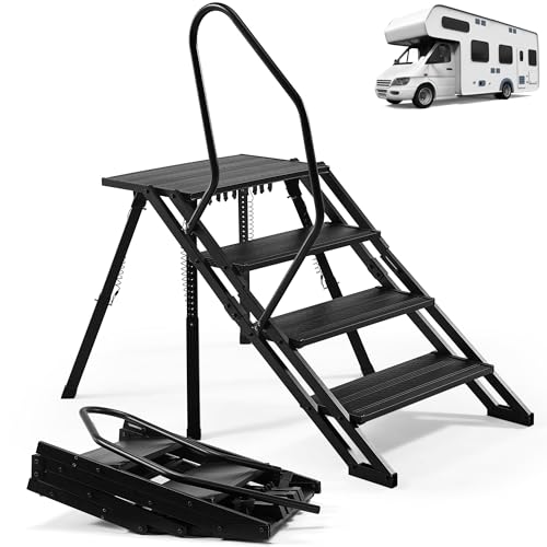 RV Steps Foldable, Aluminum Portable 4 Step Camper Steps with Handrail Adjustable Height with Non Slip Feets for 5th Wheel RV, Travel Trailer, Home, Camper, Spa, Hot Tub Steps, and Porch