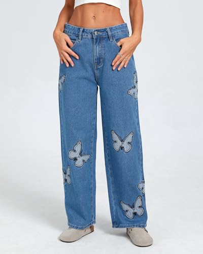 Kedera Women Mid Rise Butterfly Wide Leg Embroidered Jeans 2025 Summer Trendy Baggy Denim Pants Boyfriend Y2K Trousers2