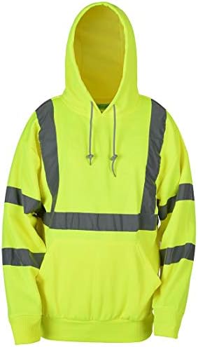 SHORFUNE High Visibility Sweatshirt with Pocket and Reflective Strips, Yellow, Meets ANSI/ISEA Standards, L