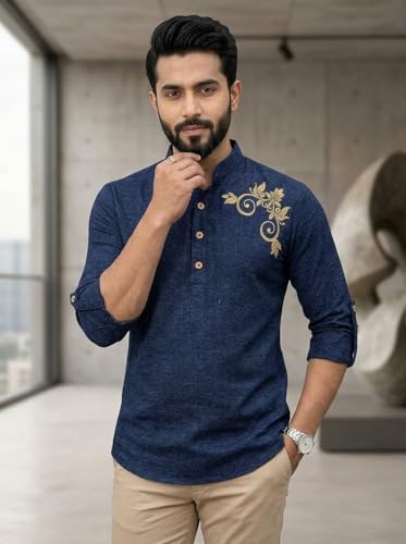 Image of DEEMOON Men's Full Sleeve Short Kurta Shirt with a Trendy Mandarin Collar Crafted from a Premium Cotton Blend for Comfort Ideal for Casual and Semi-Formal Occasions