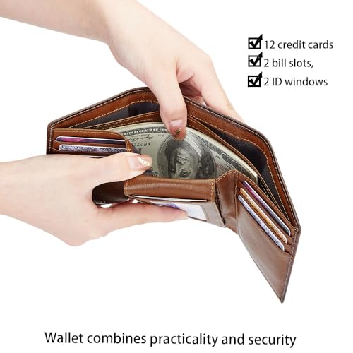 VANNANBA Mens Genuine Leather RFID Trifold Wallet With ID Window, Credit Card Pockets (brown)3