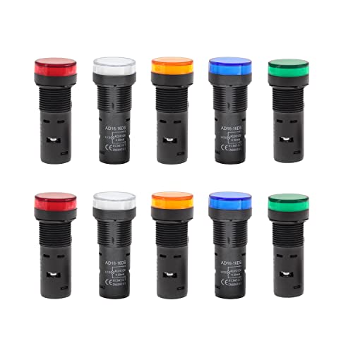 10 pcs Energy Saving LED Indicator Light Voltage 12V/24V/110V 20mA Mounting Hole Size 16mm (5/8 Inch) 2 Red 2 White 2 Yellow 2 Blue 2 Green 12V AC/DC