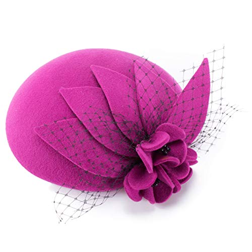 Womens Ladies Socialite Flower Black Pearl Wool Felt Fascinator Pillbox Tilt Hat A044 (Hot Pink) #TOP1