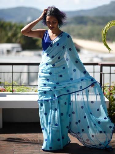 Image of Sidhidata Women's Polka Dot Printed Linen Cotton Saree With Unstitched Blouse Piece (Laddu Free Size)