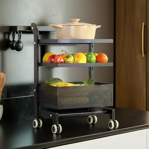 Image of IBELL Metal Vr 6866-3L Multi Purpose Storage Trolley with Wheels, 3 Tier for Kitchen, Living Room & Office (Black)