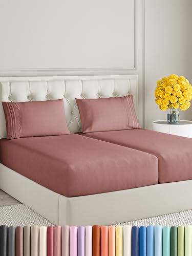Image of Split King Size 5 Piece Sheet Set - Ultra Soft & Cooling Bed Sheets - Clay | Fits 8 Inch to 16 inch Mattress, Wrinkle Free & Fade Resistant with Deep Pockets, Breathable, Comfy Hotel Luxury Bedding