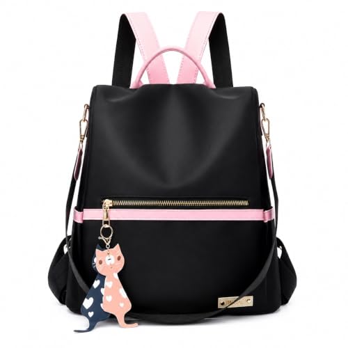 Mochila Feminina Casual de Nylon Impermeável, Preta e Rosa, com Acessório de Gatinha