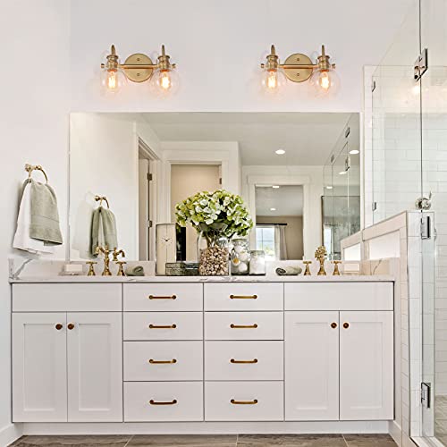 Ksana Bathroom Light Fixtures, 2-Light Bathroom Vanity Light With Globe Clear Glass Shade, Gold Vanity Lights For Bathroom, Powder Room, 13" L X 7" W X 9" H #TOP3
